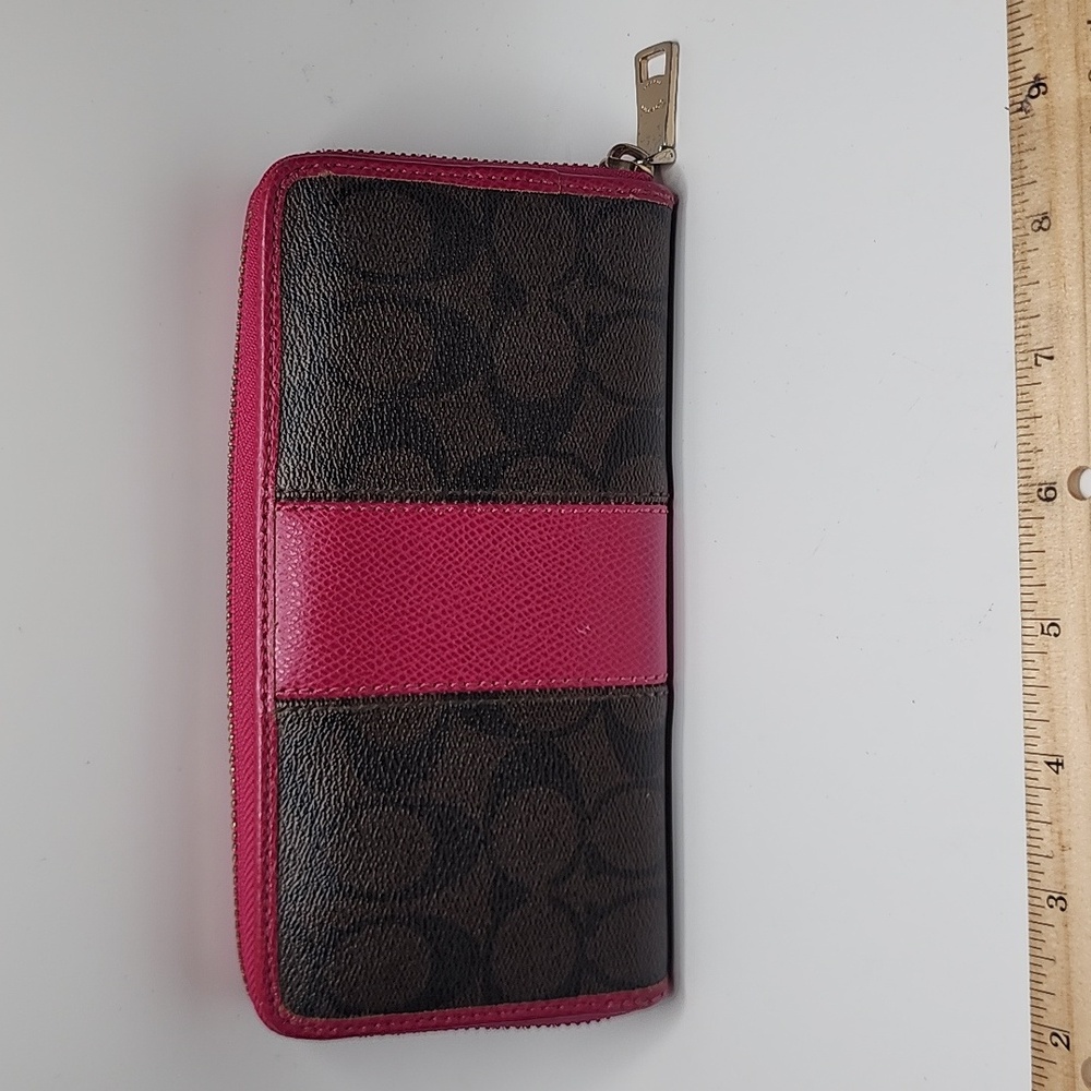 Coach Signature PVC/Leather Accordian Zip Wallet Brown and Pink - Picture 2 of 13